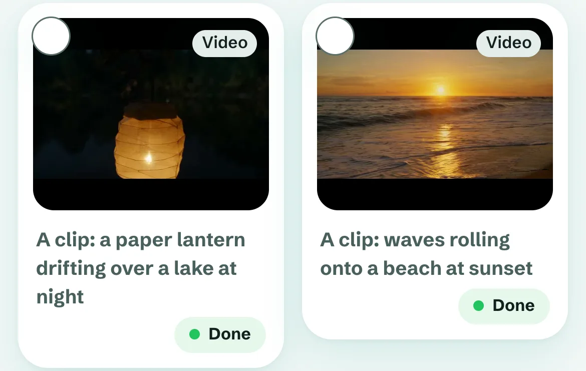 Compo's Library: a paper lantern drifting over a lake at night, and waves rolling onto a beach at sunset, both done