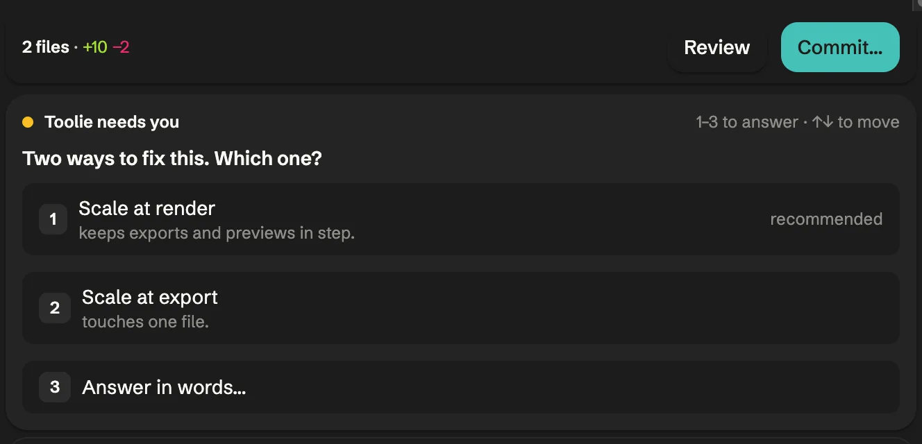 Parti asks: two ways to fix the export, which one? Scale at render is recommended